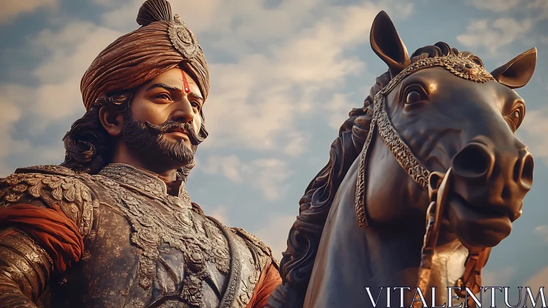 Regal warrior on armored stallion in cinematic golden light.