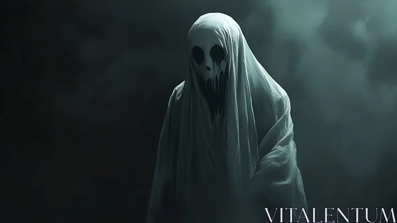 Ghostly hooded figure in eerie dark green foggy scene.