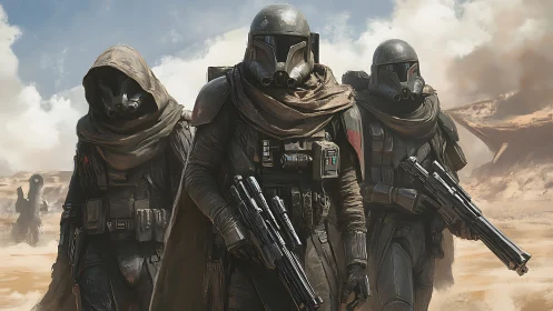 Armored sci fi soldiers advancing across arid desert terrain.