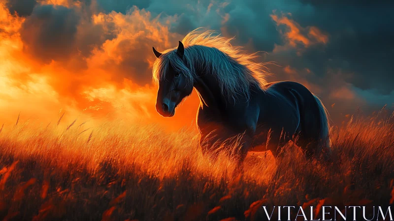 Dark horse in backlit grassland under dense clouds at dusk.