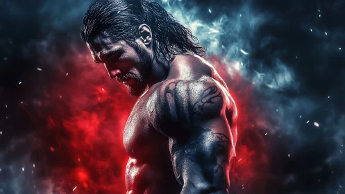 Stormlit warrior broods in embers and ice-torn shadow.