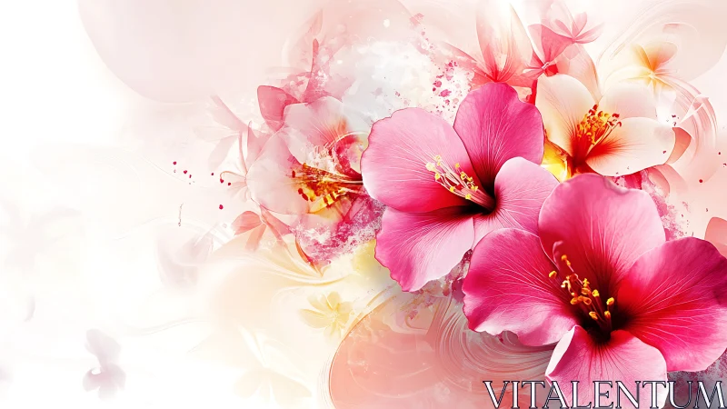 Vibrant Pink and Cream Flowers in Watercolor Digital Art