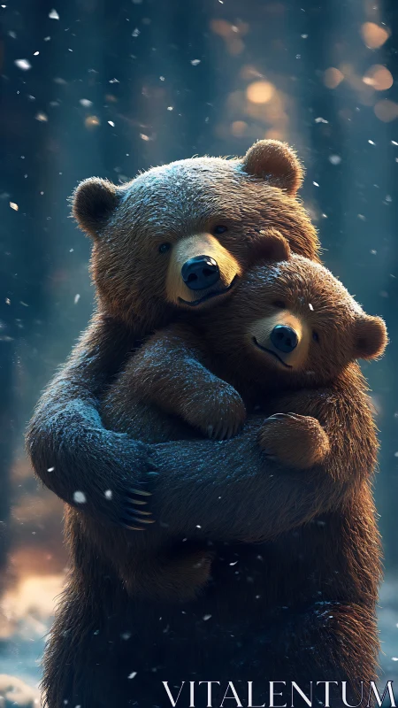Winter bear hug in a softly glowing snowy forest.