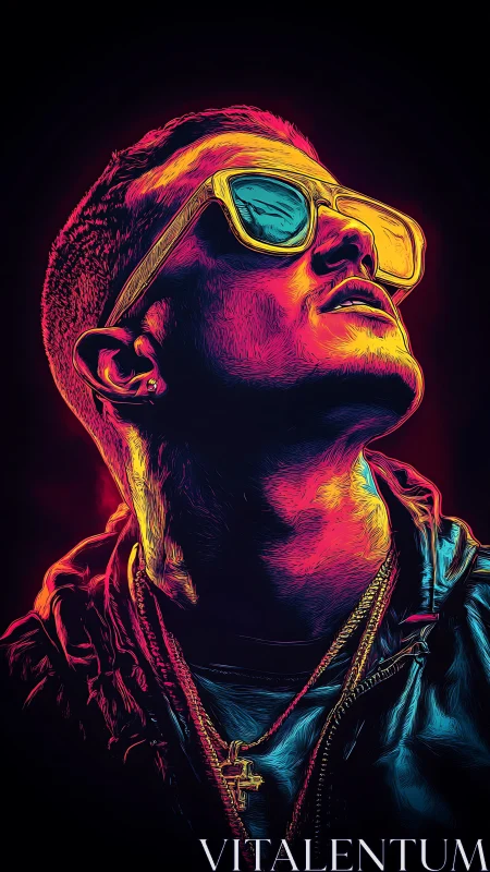 Neon-contoured portrait of reflective figure in chromatic flare.