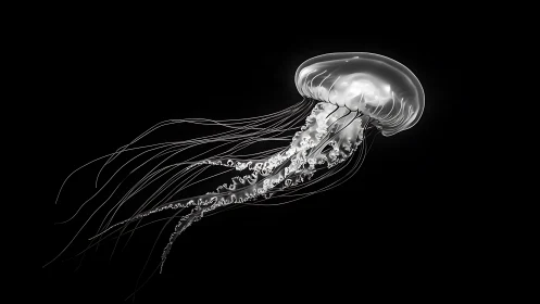 Translucent jellyfish floating on black background.