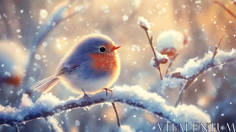 Fluffy robin perched on snowy branch in dreamy winter sunlight.