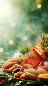 Photorealistic sashimi platter with bokeh depth and steam accents.