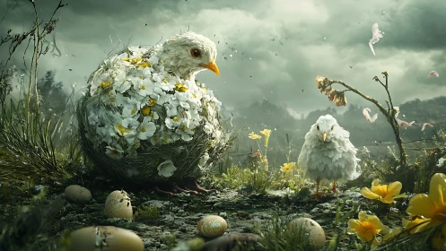 Floral-nest avian duo amid cracked eggs in misted meadow.