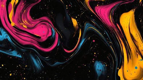 Fluorescent paint streams curve over deep black void