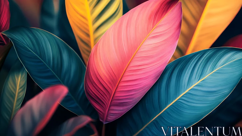 Colorful tropical leaves with bold pink and teal tones.