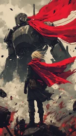 Cloaked warrior confronting armored mech amid war-torn smoke