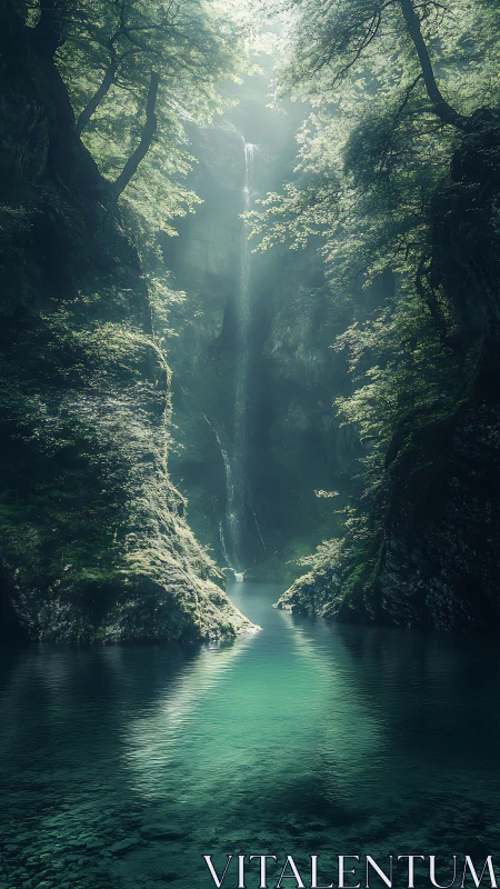 Verdant Canyon with Cascading Waterfall and Luminous Pool.