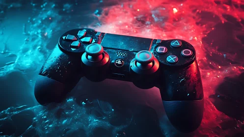 Gaming controller in neon blue and red light on wet surface.