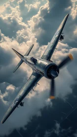 WWII fighter aircraft cuts through stormy clouds in flight