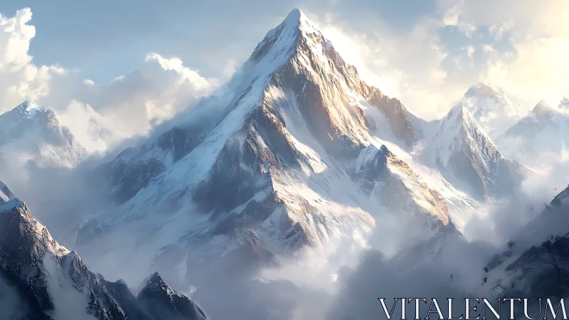 Golden sunrise over tranquil snow capped mountain peak.