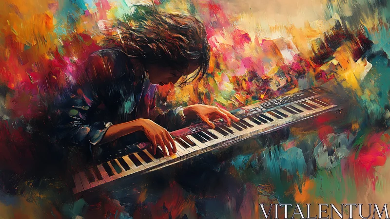 Focused pianist at keyboard amid abstract color field.