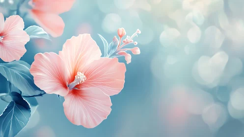 Digital illustration shows pink hibiscus flowers on blue bokeh