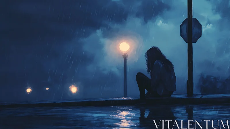 Rain-soaked urban curbside silhouette under sodium streetlamp