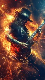 Rock guitarist in fiery abstract digital composition.