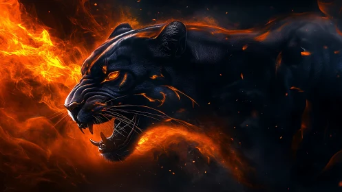Inferno panther erupts from darkness in blazing ember storm.