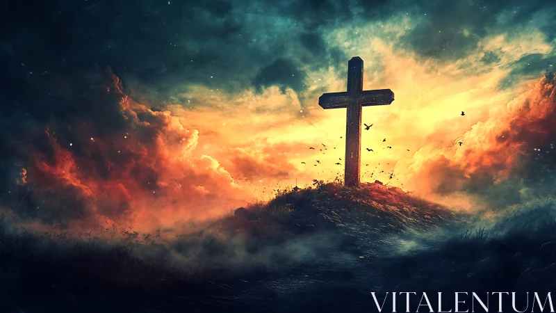 Backlit wooden cross on misty hill under dramatic storm sky