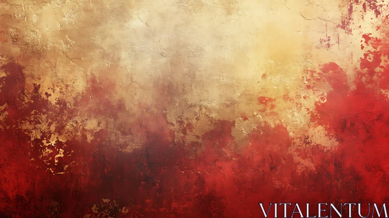 Abstract textured painting with warm red and gold hues, rustic finish.