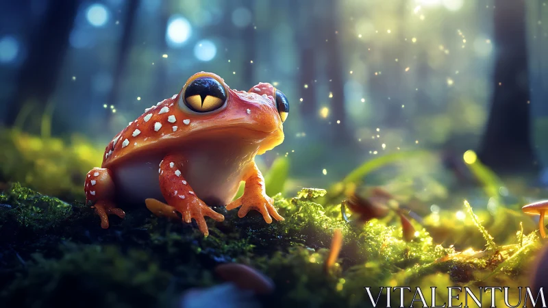 Glowing orange frog on moss in dreamy forest light.