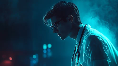 Focused young doctor studies data under neon teal glow.