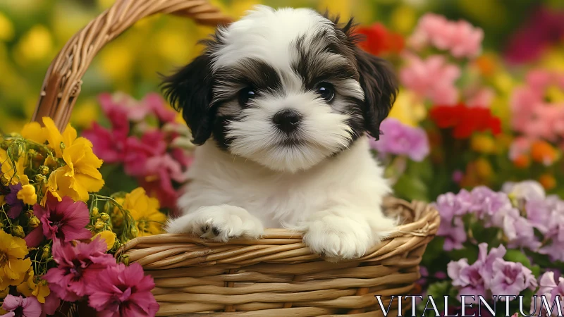 Photorealistic puppy portrait in wicker basket floral setting.