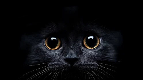 Black Cat's Luminous Golden Eyes Against Darkness.