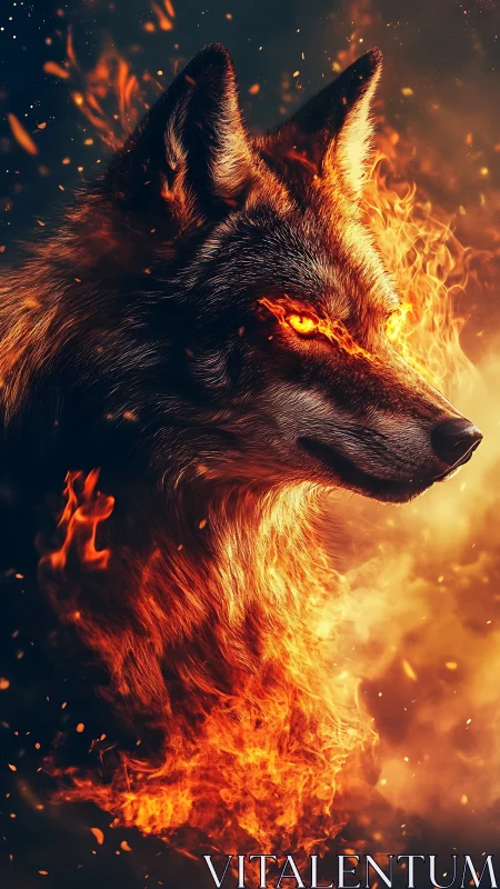 Fiery wolf portrait merges realistic fur with blazing flames