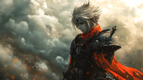 Silver haired armored warrior with red scarf in clouds