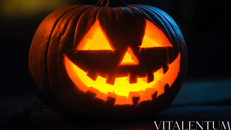 Glowing jack o lantern smiles warmly in the Halloween night