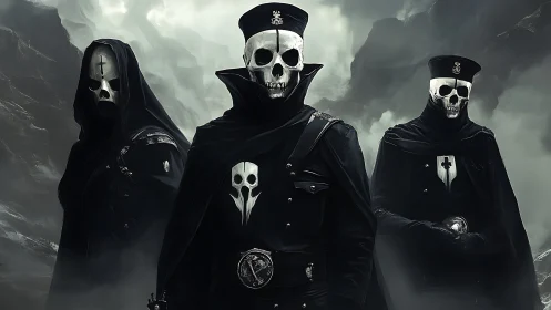 Skull-masked death officers patrol mist-shrouded ravine.