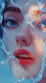 Shimmering portrait gazes gently through shards of icy glass