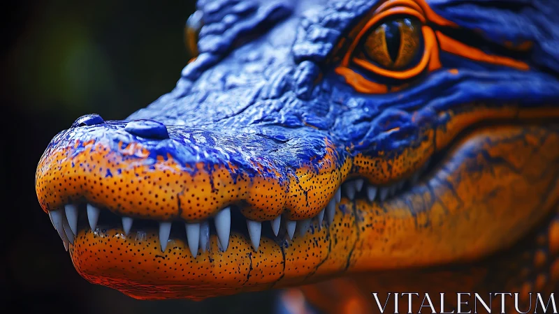 Vibrant blue orange crocodile head in tight close-up.