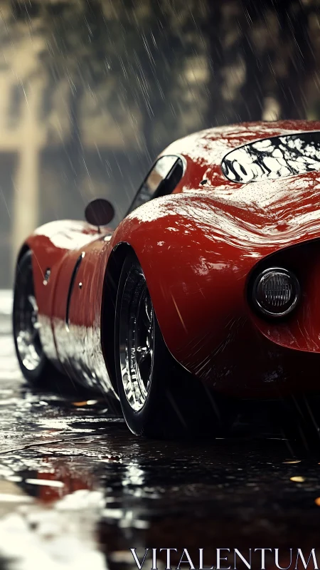 Rain-soaked classic red sports car with reflective wet bodywork