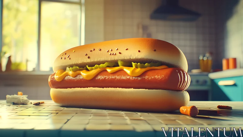 Studio-lit hot dog on tiled counter with shallow depth of field