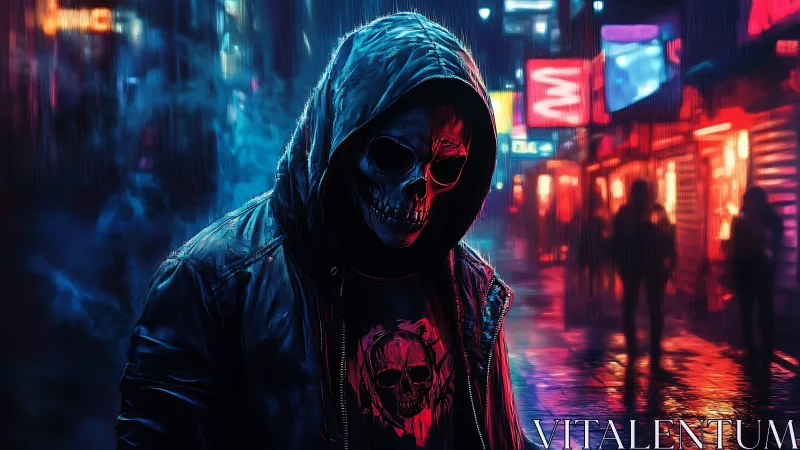 Hooded skull figure in neon drenched cyberpunk alleyway.