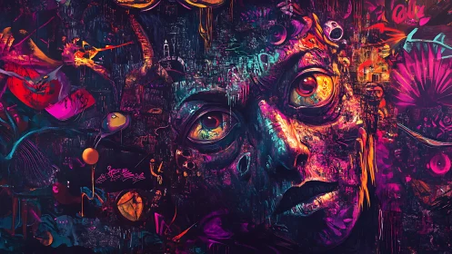 Surreal neon face dissolves into chaotic abstract cosmos