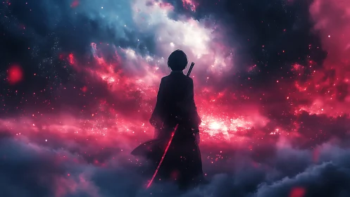 Lone swordsman faces luminous storm over cloud sea
