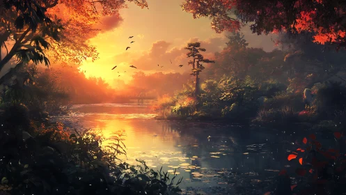 Autumn forest lake glows under dramatic golden sunset sky.