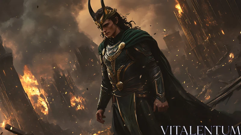 Armored sorcerer strides through burning ruined cityscape.