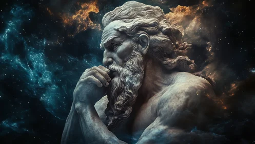 Stone colossus in cosmic nebula environment in profile view.