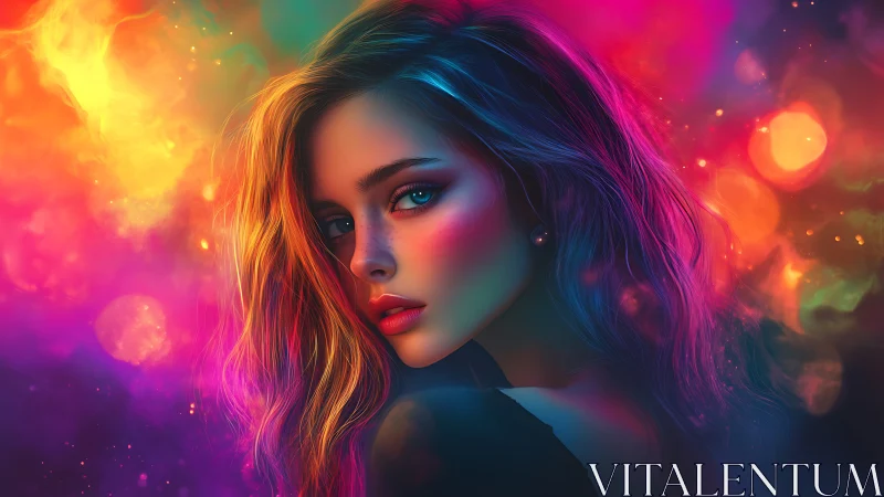 Portrait of neon lit woman against vivid bokeh clouds