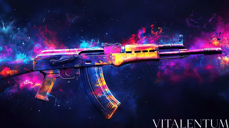 Neon chromatic rifle exploding through cosmic color clouds.