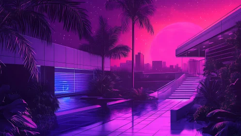 Neon rooftop oasis under magenta sci fi skyline night