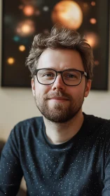 Portrait of young adult wearing glasses in interior setting.