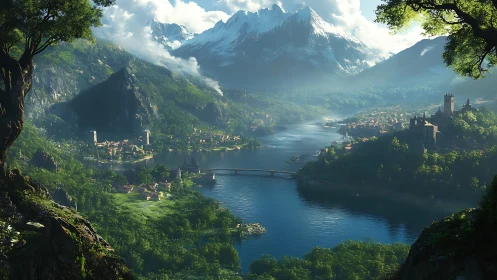 Mountain lake valley with medieval towns and bridges.