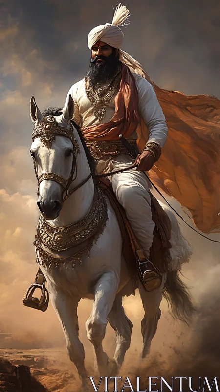 Gallant warrior on white steed in windswept desert charge.